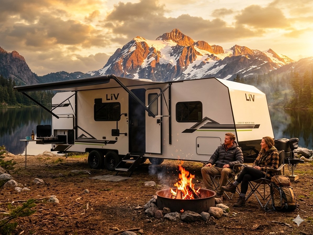 Couple sitting by a campfire next to their LiV trailer with mountain peaks behind