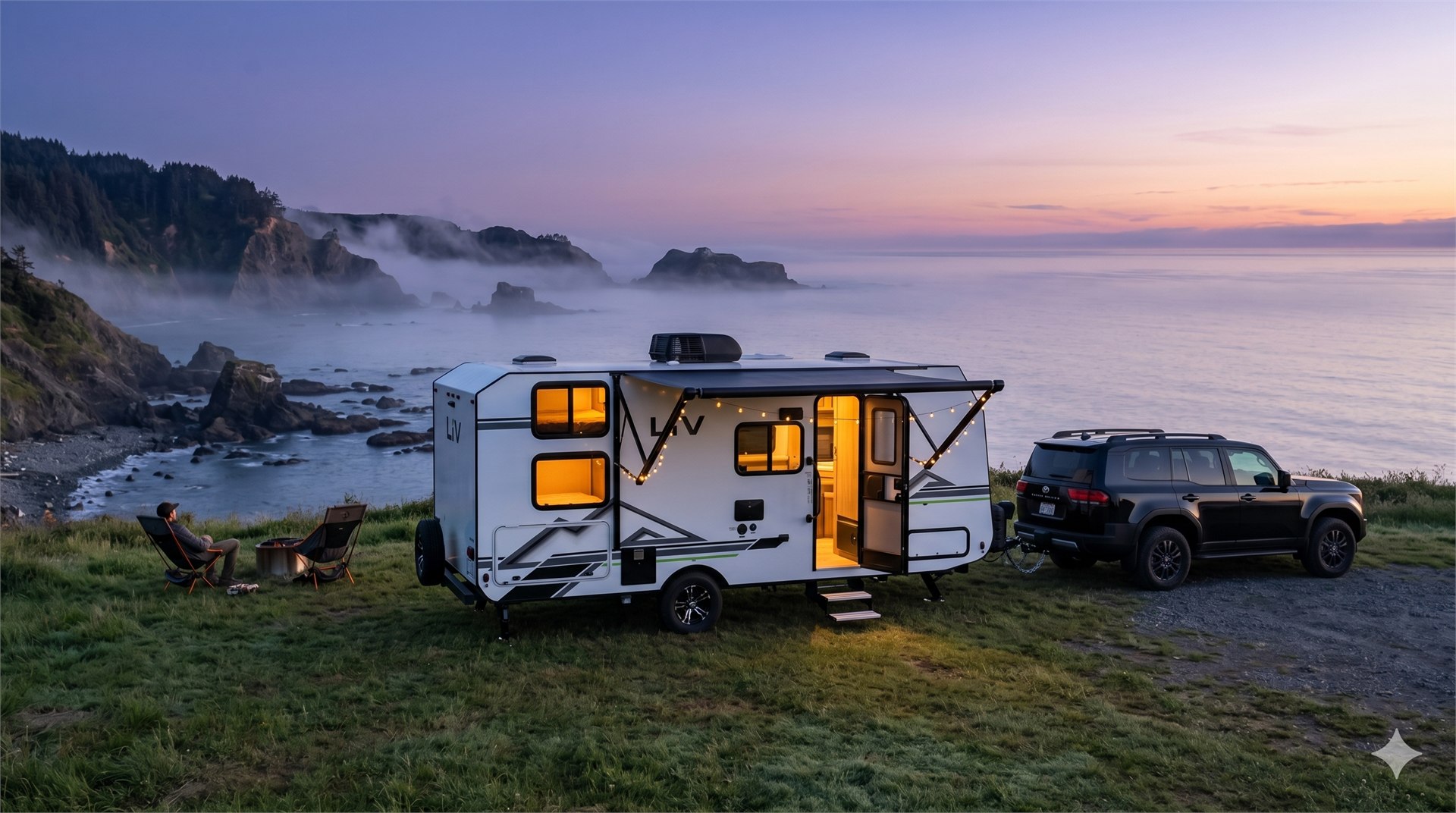 LiV trailer with string lights on a misty coastline at sunset