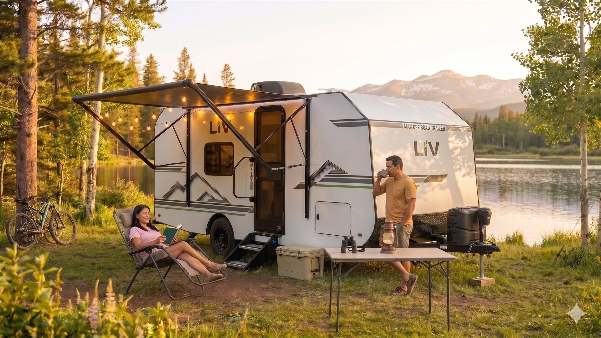 Couple relaxing under LiV awning at a lakeside campsite with string lights