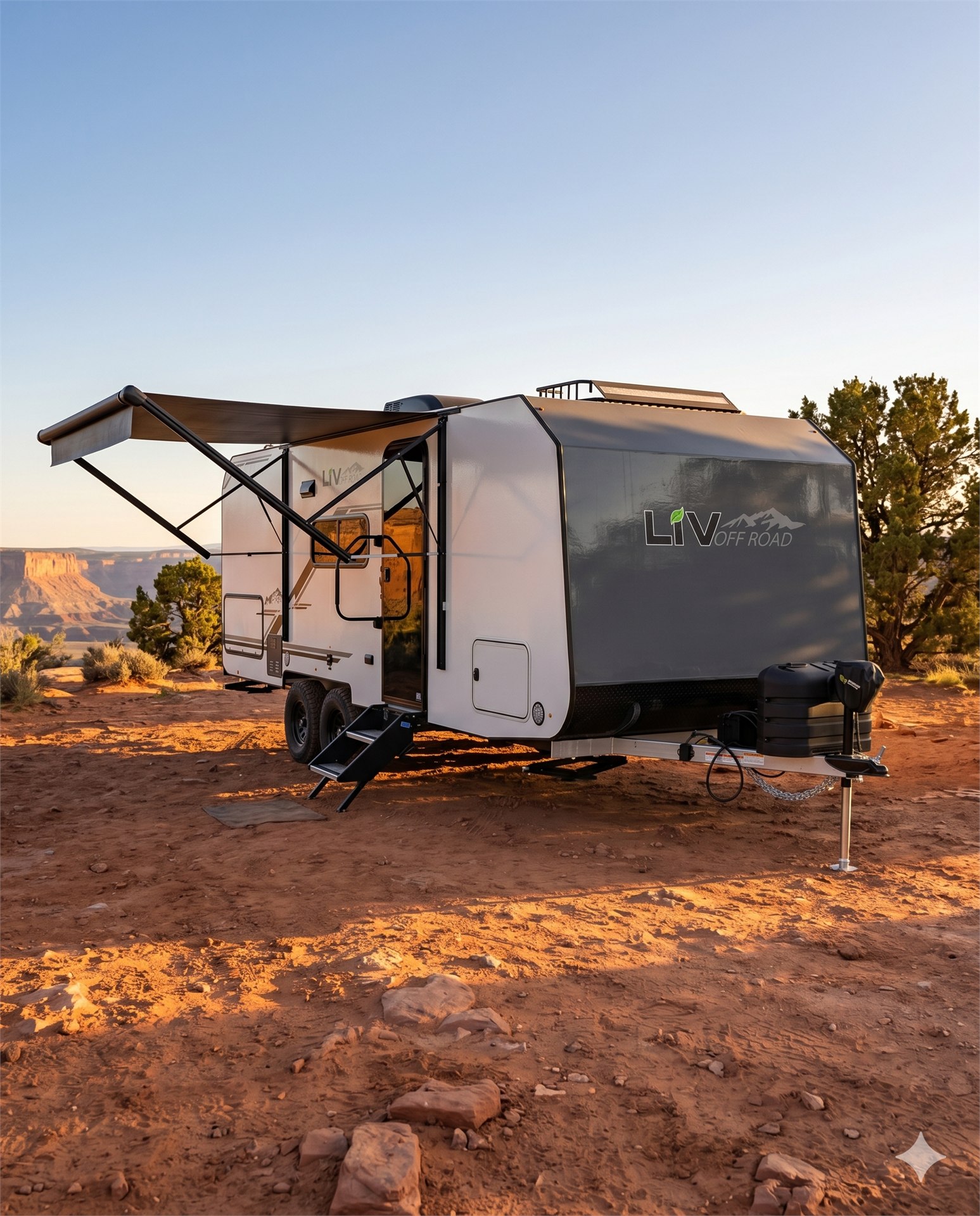 LiV Off Road trailer on red desert terrain with mesa backdrop