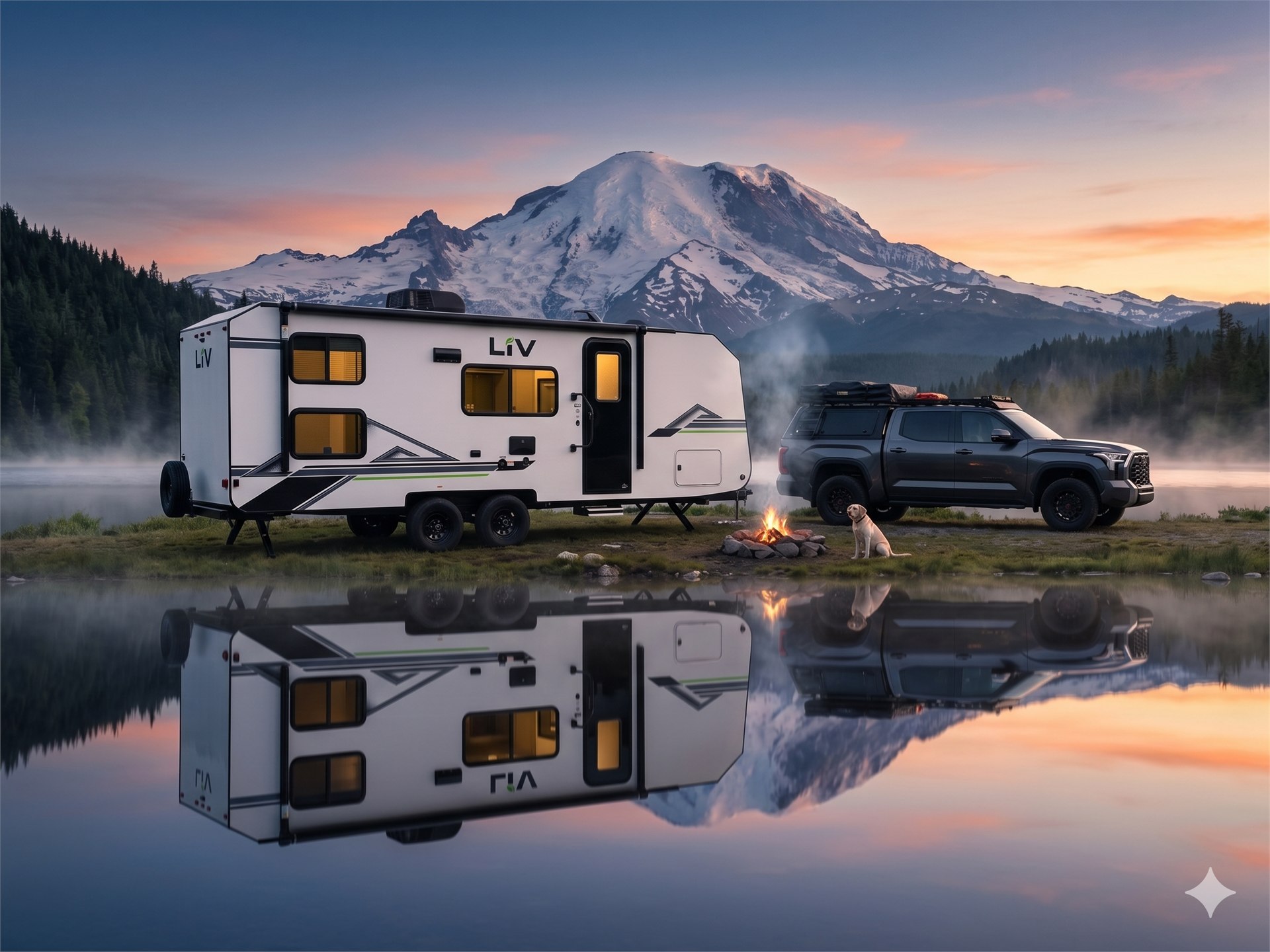 LiV trailer reflected in a still lake with snow-capped mountain at sunset