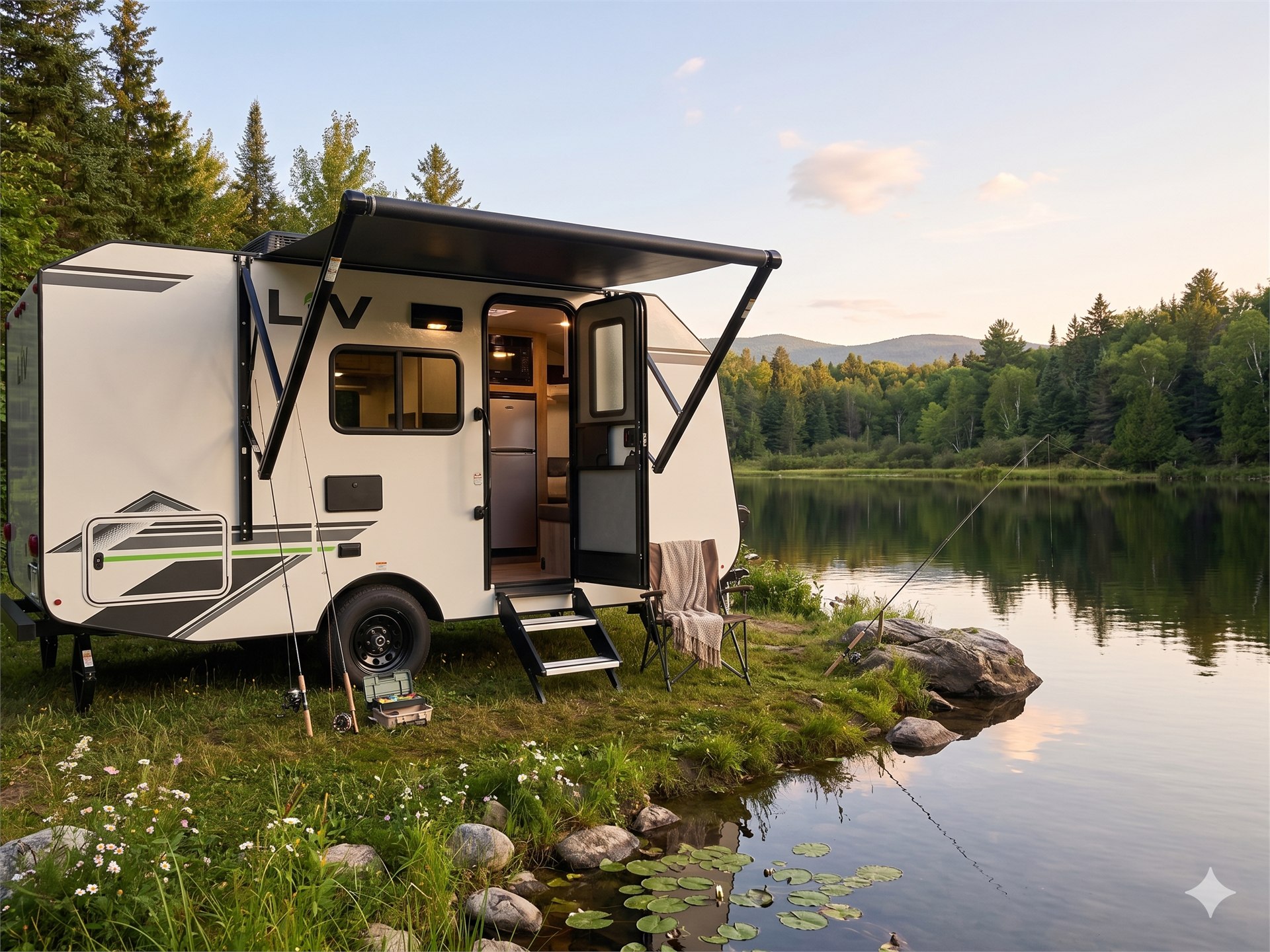 LiV trailer with awning deployed beside a calm lake with fishing gear