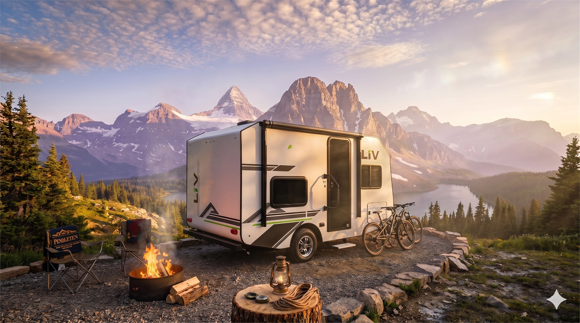 LiV trailer at a mountain overlook with bikes and campfire at dawn