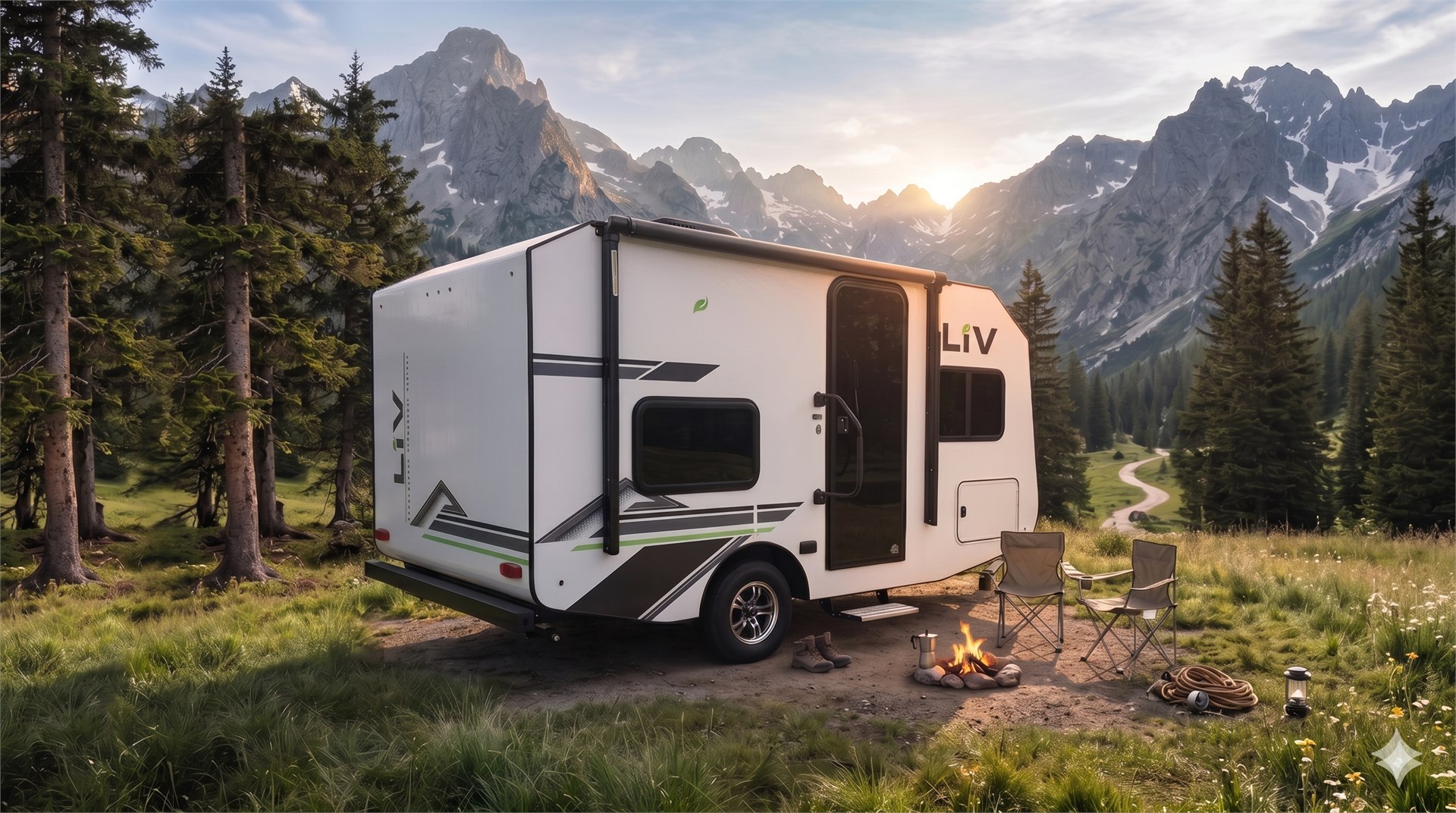 LiV trailer at a mountain meadow campsite with campfire
