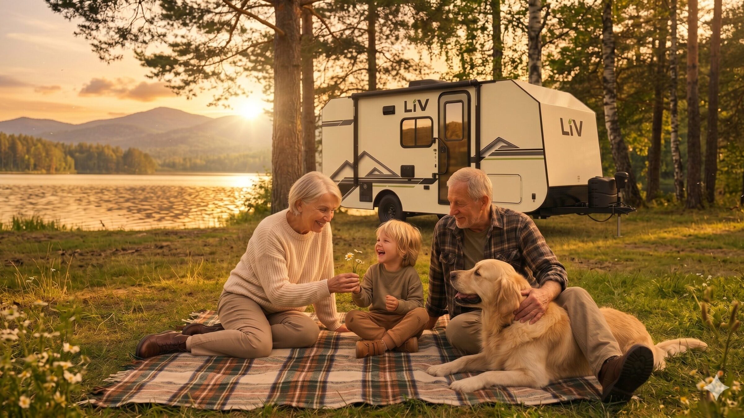 Grandparents and grandchild sharing a picnic with their golden retriever in a mountain meadow