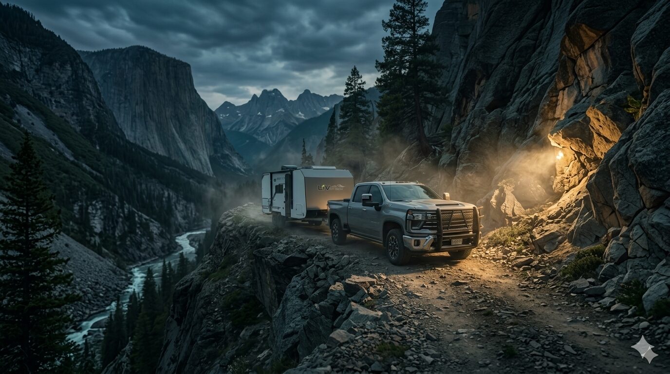 LiV trailer on a rugged off-road trail surrounded by jagged peaks